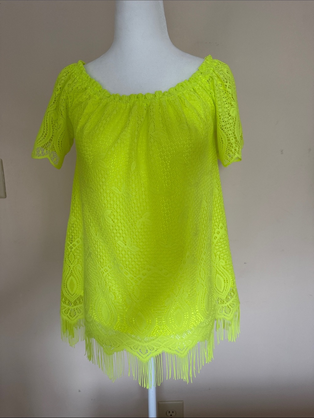 Lilly Pulitzer Neon Yellow Crochet Off-Shoulder Top with Fringe